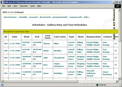 Bellevue Art Museum Docent Extranet:&nbsp; Schedule